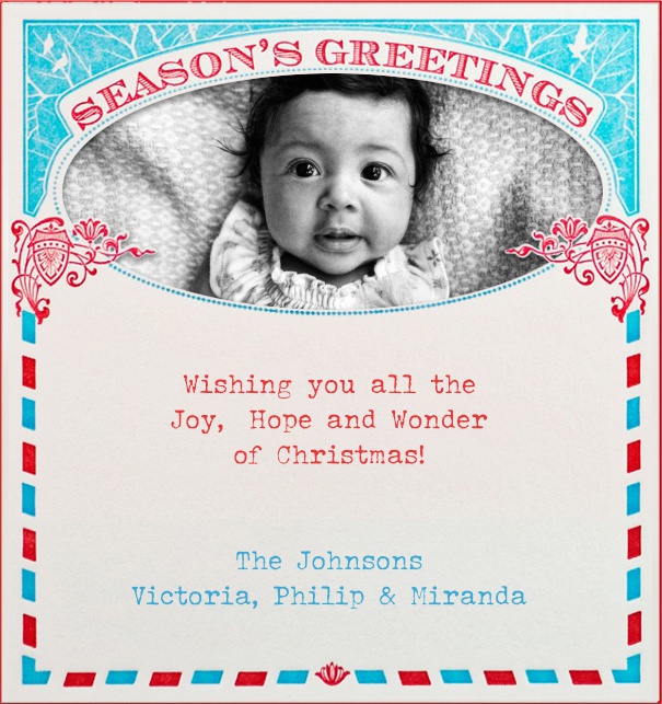 Online Weihnachtskarte mit Fotooption und Season's Greetings Text.