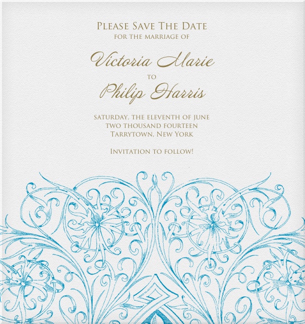 Online Wedding Save the Date template with Blue floral design on bottom.