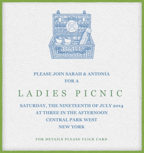 Online only Green Spring Picnic Invitation card with picnic basket.