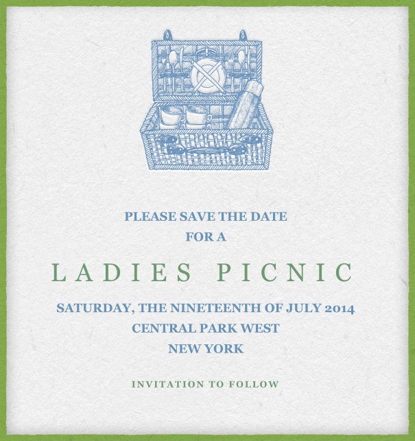 White Save the Date Card for picnic with green border.