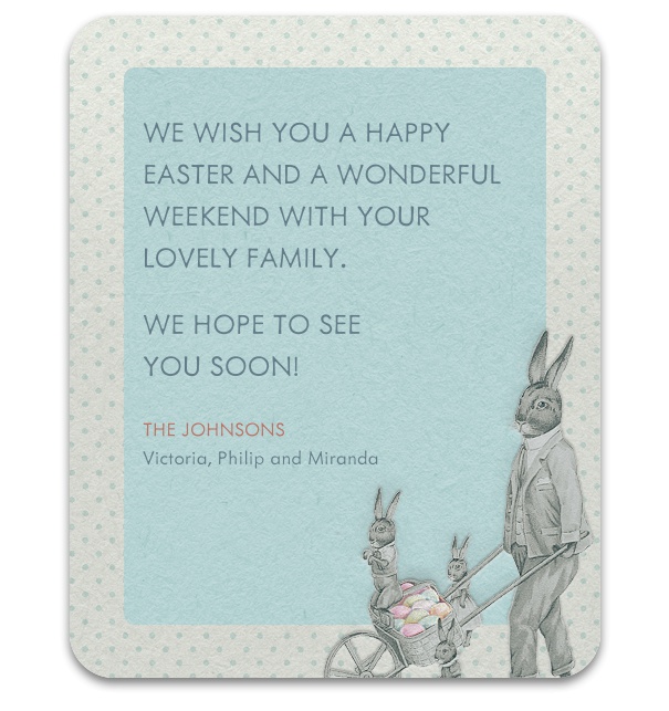 Easter card with Rabbit family illustration bottom right.