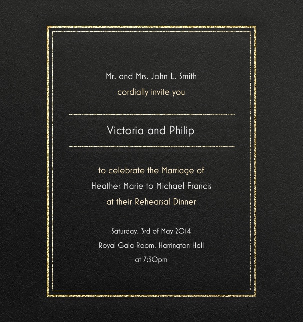 Modern, formal Online Wedding Invitation in black with gold border.