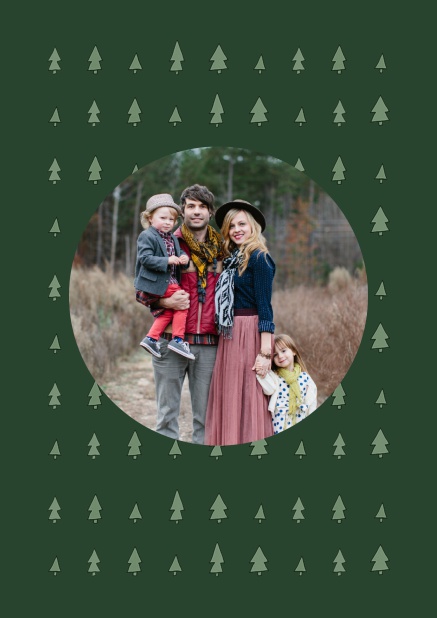 Green Christmas photo card with little Christmas tree illustrations.