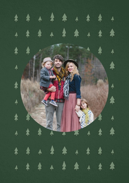 Green Christmas photo card with little Christmas tree illustrations.