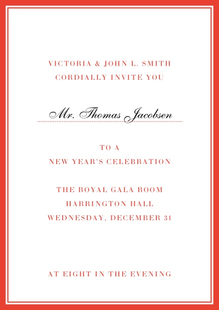 Invitation card with golden, grey frame with dotted line for name of recipient.