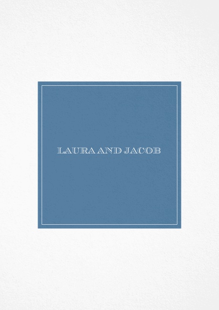 Wedding invitation card with square text field on front and fine frame on back. Choosable in various colors. Blue.