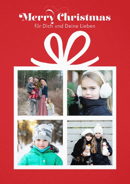 Fotopaket - Weihnachtseinladungen Rote Karte mit Geschenkillustration mit vier Fotofeldern.