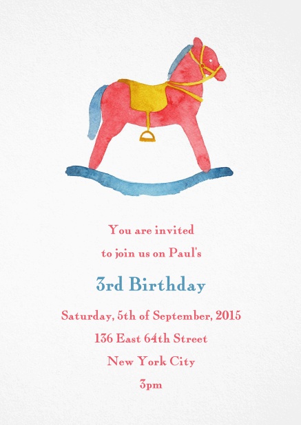 Birth announcement or Birthday invitation card with colorful rocking horse.