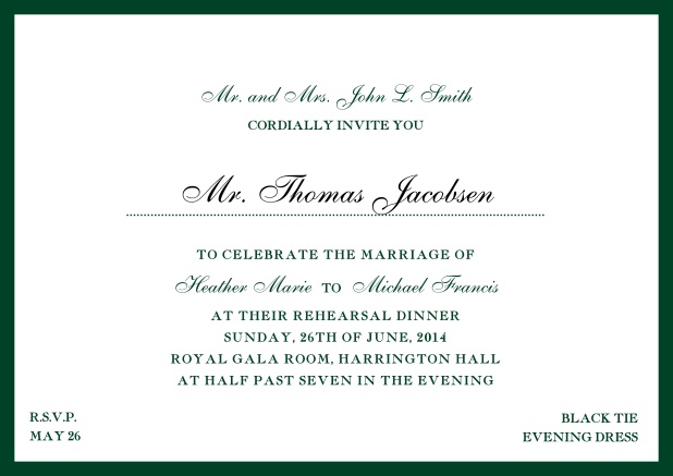 Online classic invitation card with yellow border and dotted line for recipient's name. Green.