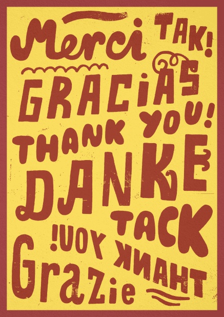 Dankeskarte mit dem Wort "Danke" in mehreren Sprachen.