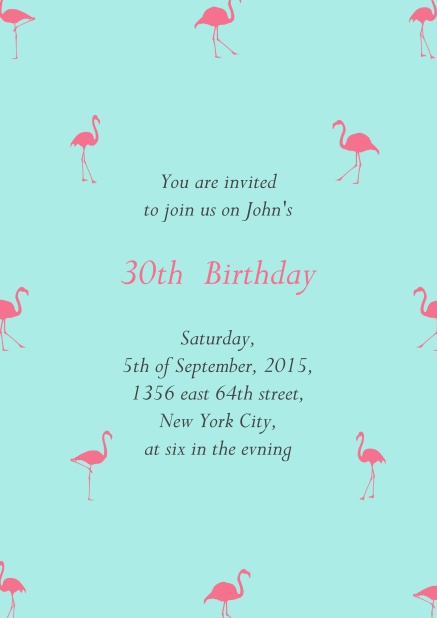 Online invitation with pink flamingos for 30th birthday.