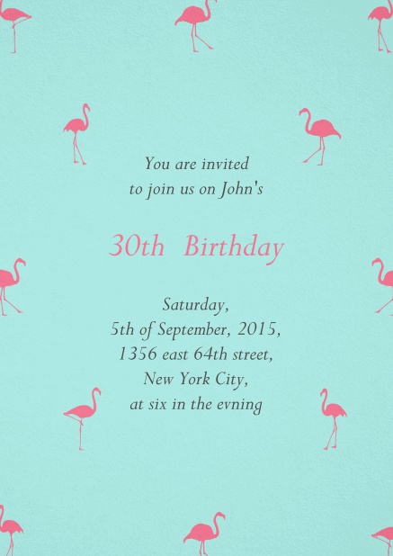 Invitation with pink flamingos for 30th birthday.