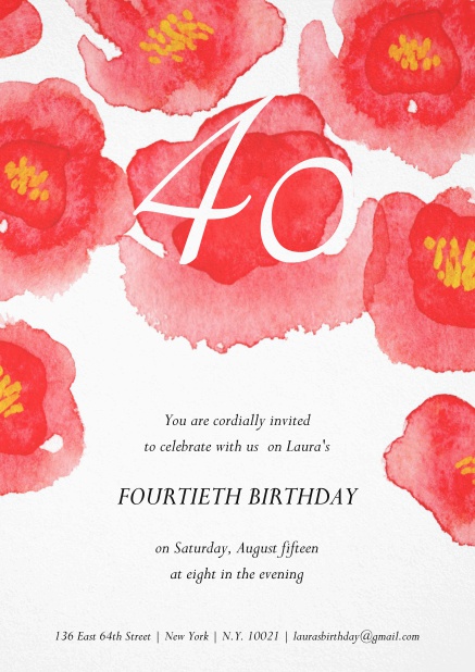 Invitation with big, red flowers on top for 40th birthday.