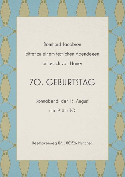 Einladung zum 70. Geburtstag mit Musterrand und mittigem Text.