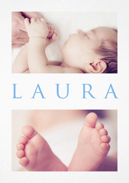 Fotokarte für Geburtsanzeige mit zwei veränderbaren Fotos und editierbarem Babynamen in der mitte. Blau.