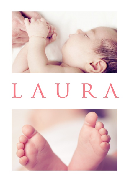 Online Fotokarte für Geburtsanzeige mit zwei veränderbaren Fotos und editierbarem Babynamen in der mitte. Rosa.