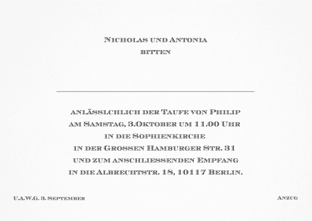 Klassische Einladungskarte zur Taufe mit editierbarem Einladungstext für eine Taufeinladung in verschiedenen Farben. Schwarz.