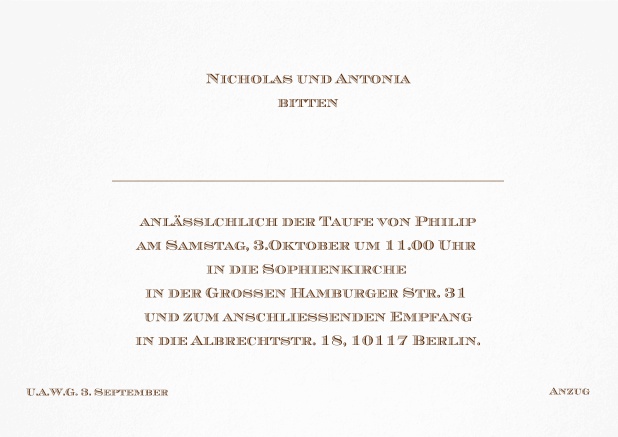 Klassische Einladungskarte zur Taufe mit editierbarem Einladungstext für eine Taufeinladung in verschiedenen Farben. Braun.