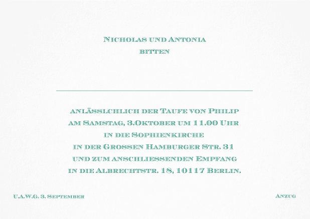 Klassische Einladungskarte zur Taufe mit editierbarem Einladungstext für eine Taufeinladung in verschiedenen Farben. Grün.