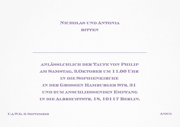 Klassische Einladungskarte zur Taufe mit editierbarem Einladungstext für eine Taufeinladung in verschiedenen Farben. Lila.