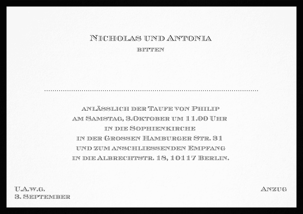 Klassische Einladungskarte zur Taufe mit farbigen Rand und editierbarem Einladungstext für eine Taufeinladung in verschiedenen Farben. Schwarz.