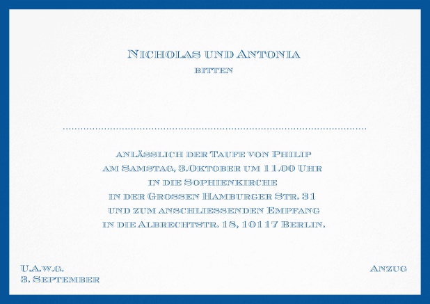 Klassische Einladungskarte zur Taufe mit farbigen Rand und editierbarem Einladungstext für eine Taufeinladung in verschiedenen Farben. Blau.