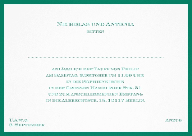 Klassische Einladungskarte zur Taufe mit farbigen Rand und editierbarem Einladungstext für eine Taufeinladung in verschiedenen Farben. Grün.