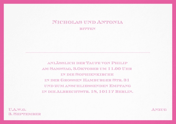 Klassische Einladungskarte zur Taufe mit farbigen Rand und editierbarem Einladungstext für eine Taufeinladung in verschiedenen Farben. Rosa.