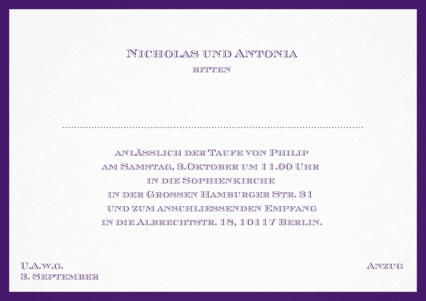 Klassische Einladungskarte zur Taufe mit farbigen Rand und editierbarem Einladungstext für eine Taufeinladung in verschiedenen Farben. Lila.