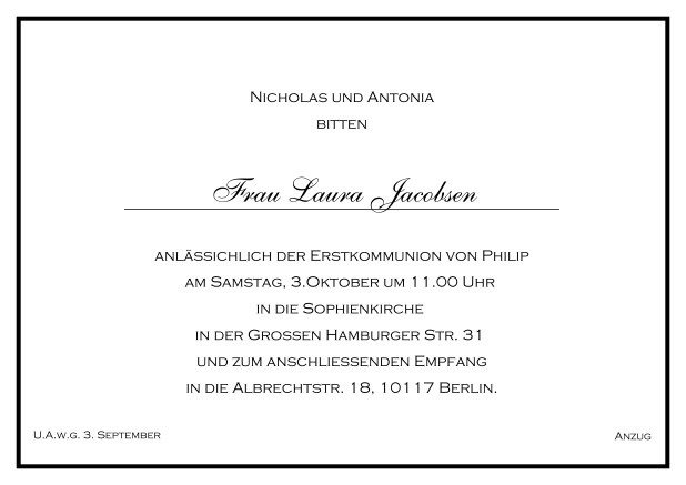 Online klassische Einladungskarte zur konfirmation mit farbiger Linie als Rahmen und editierbarem Einladungstext für eine Konfirmationseinladung in verschiedenen Farben. Schwarz.