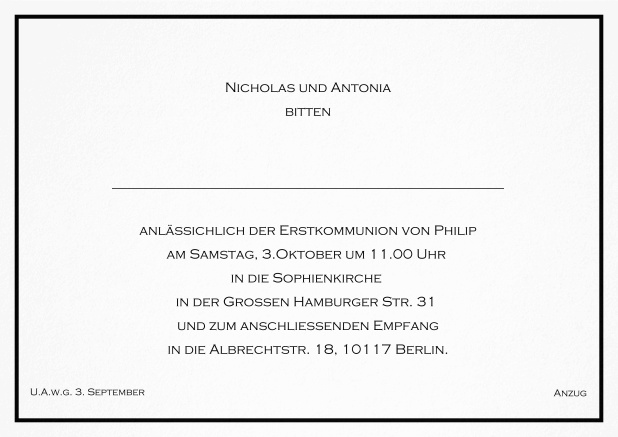 Klassische Einladungskarte zur konfirmation mit farbiger Linie als Rahmen und editierbarem Einladungstext für eine Konfirmationseinladung in verschiedenen Farben. Schwarz.