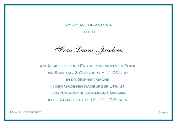 Online klassische Einladungskarte zur konfirmation mit farbiger Linie als Rahmen und editierbarem Einladungstext für eine Konfirmationseinladung in verschiedenen Farben. Blau.