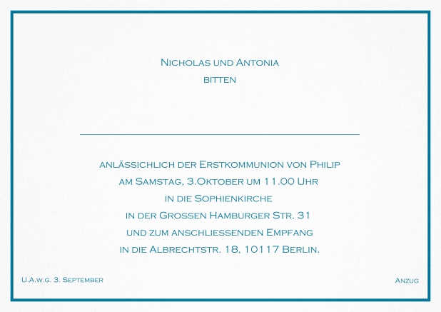 Klassische Einladungskarte zur konfirmation mit farbiger Linie als Rahmen und editierbarem Einladungstext für eine Konfirmationseinladung in verschiedenen Farben. Blau.