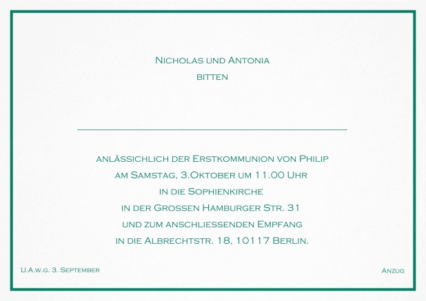 Klassische Einladungskarte zur konfirmation mit farbiger Linie als Rahmen und editierbarem Einladungstext für eine Konfirmationseinladung in verschiedenen Farben. Grün.
