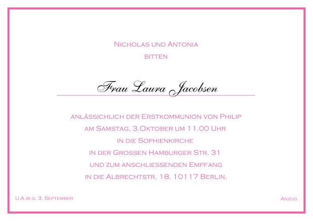 Online klassische Einladungskarte zur konfirmation mit farbiger Linie als Rahmen und editierbarem Einladungstext für eine Konfirmationseinladung in verschiedenen Farben. Rosa.