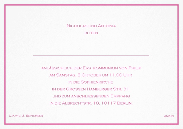 Klassische Einladungskarte zur konfirmation mit farbiger Linie als Rahmen und editierbarem Einladungstext für eine Konfirmationseinladung in verschiedenen Farben. Rosa.