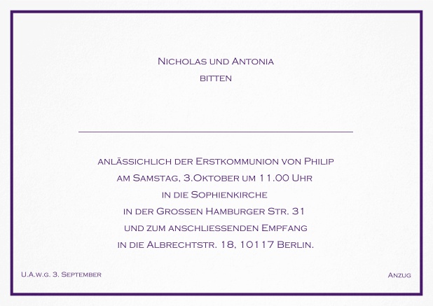 Klassische Einladungskarte zur konfirmation mit farbiger Linie als Rahmen und editierbarem Einladungstext für eine Konfirmationseinladung in verschiedenen Farben. Lila.