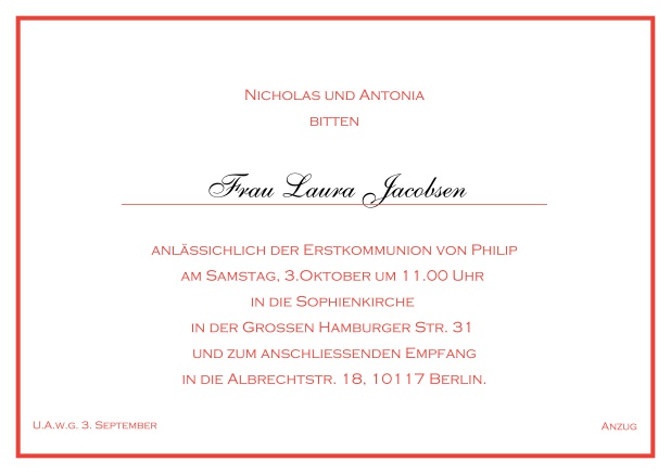 Online klassische Einladungskarte zur konfirmation mit farbiger Linie als Rahmen und editierbarem Einladungstext für eine Konfirmationseinladung in verschiedenen Farben. Rot.