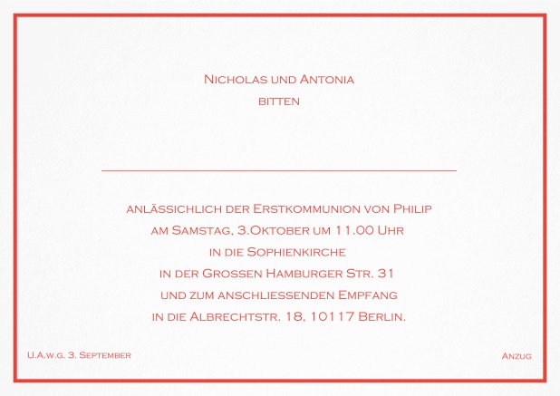 Klassische Einladungskarte zur konfirmation mit farbiger Linie als Rahmen und editierbarem Einladungstext für eine Konfirmationseinladung in verschiedenen Farben. Rot.