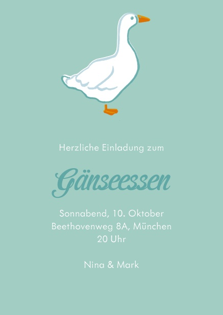 Gänseessen Online Einladungskarte mit Handzeichnung einer weißen Gans auf grünem Papier.