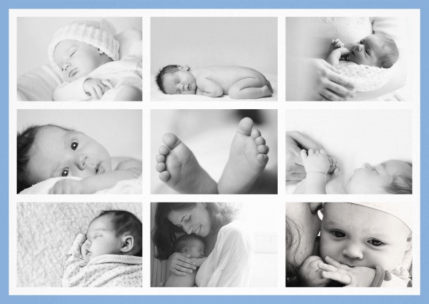 Birth announcement card with delicate frame in many colors with 9 photo fields on the front. Blue.