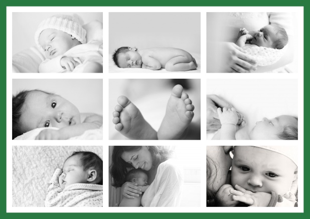 Online Birth announcement card with delicate frame in many colors with 9 photo fields on the front of four designed pages. Green.