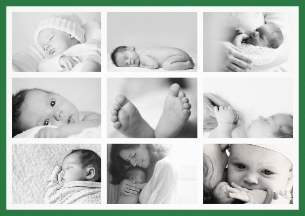 Birth announcement card with delicate frame in many colors with 9 photo fields on the front. Green.