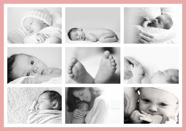 Online Birth announcement card with delicate frame in many colors with 9 photo fields on the front of four designed pages. Pink.