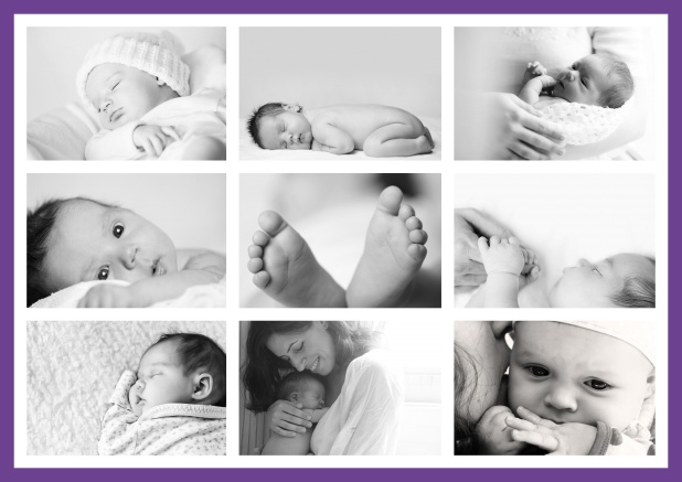 Online Birth announcement card with delicate frame in many colors with 9 photo fields on the front of four designed pages. Purple.