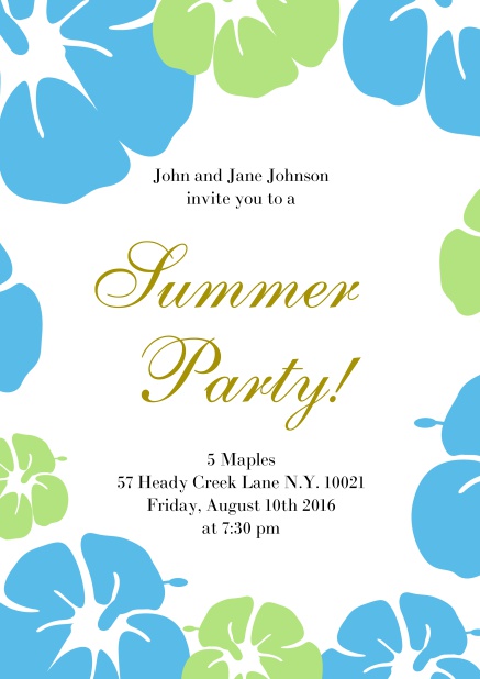 Online Summer party invitation card with hibiscus flower frame. Blue.