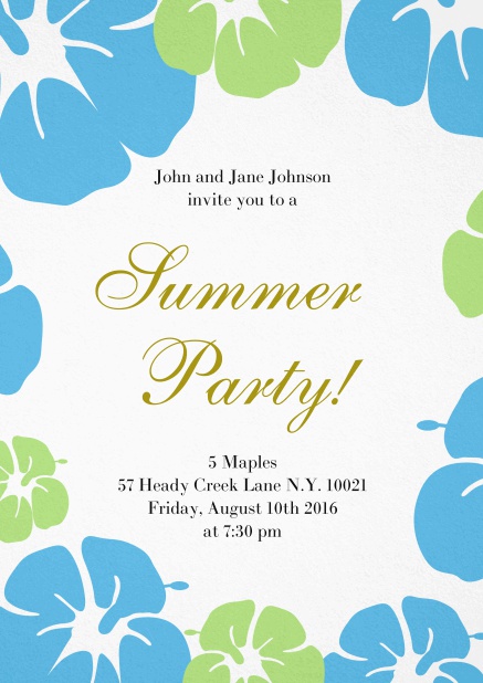 Summer party invitation card with hibiscus flower frame. Blue.