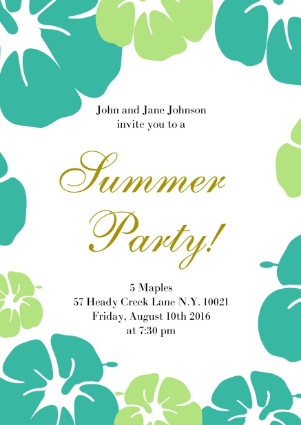 Online Summer party invitation card with hibiscus flower frame. Green.
