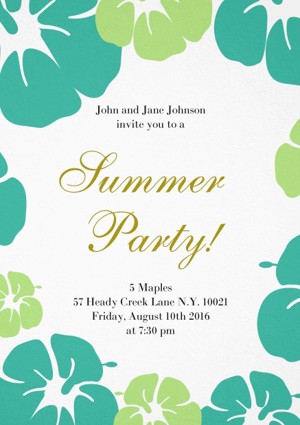 Summer party invitation card with hibiscus flower frame. Green.