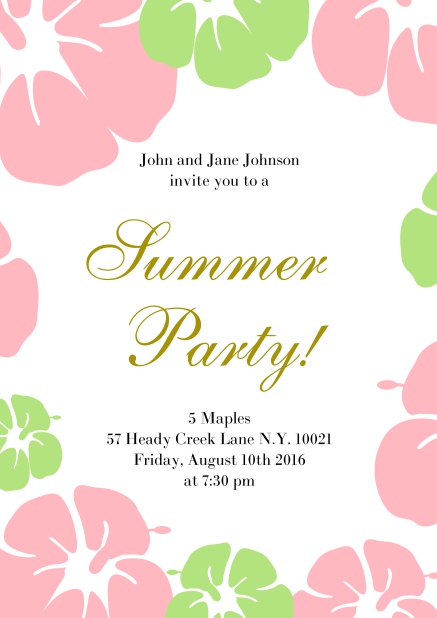 Online Summer party invitation card with hibiscus flower frame. Pink.